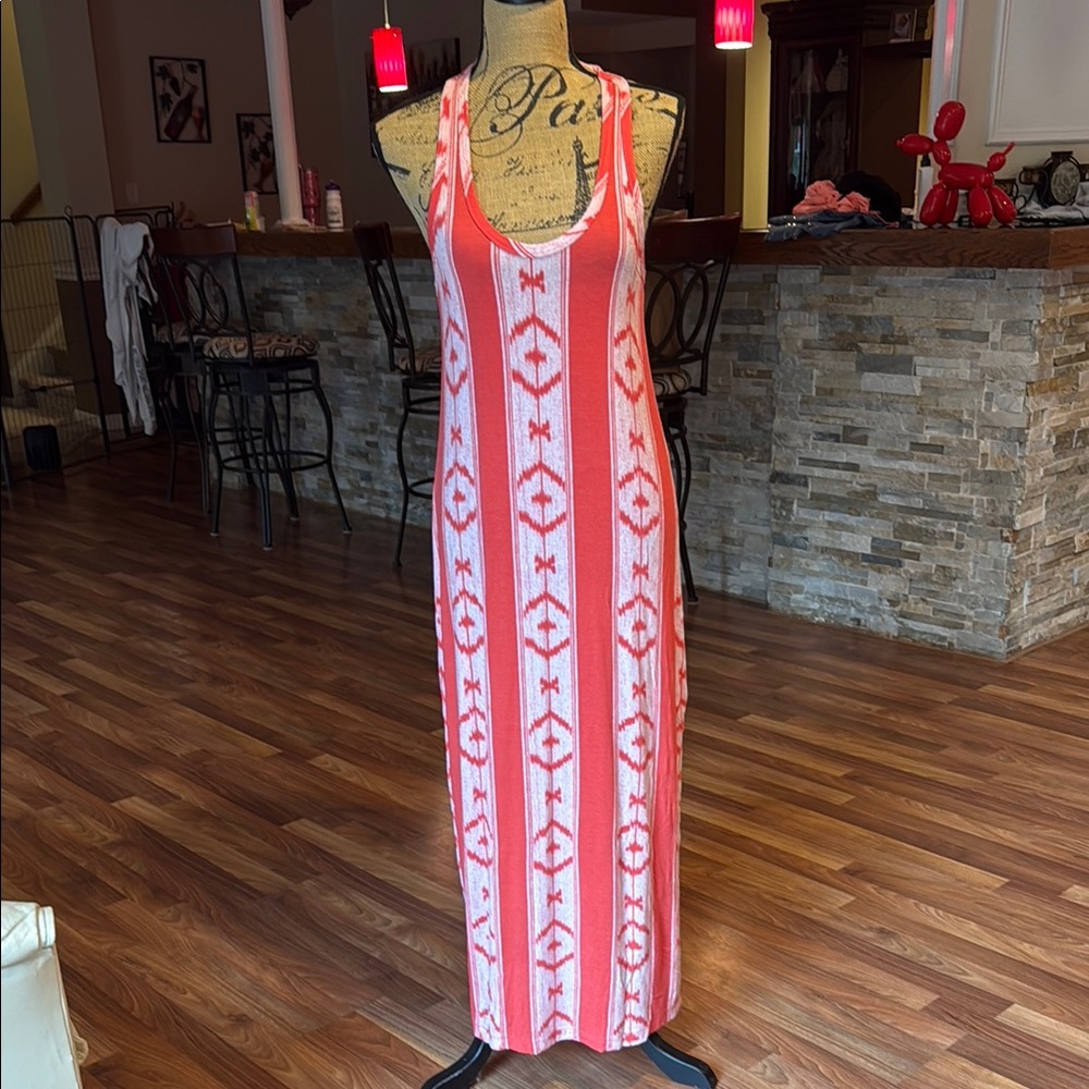J Crew size XS coral and white patterned long dress with slit on side - Picture 1 of 4